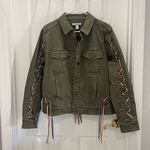 Women's Peace Love World Olive Green Jacket with Multicolor Lacing